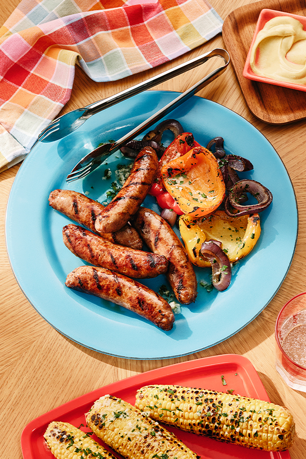 Garlic Butter Grilled Sausages with Grilled Peppers and Corn