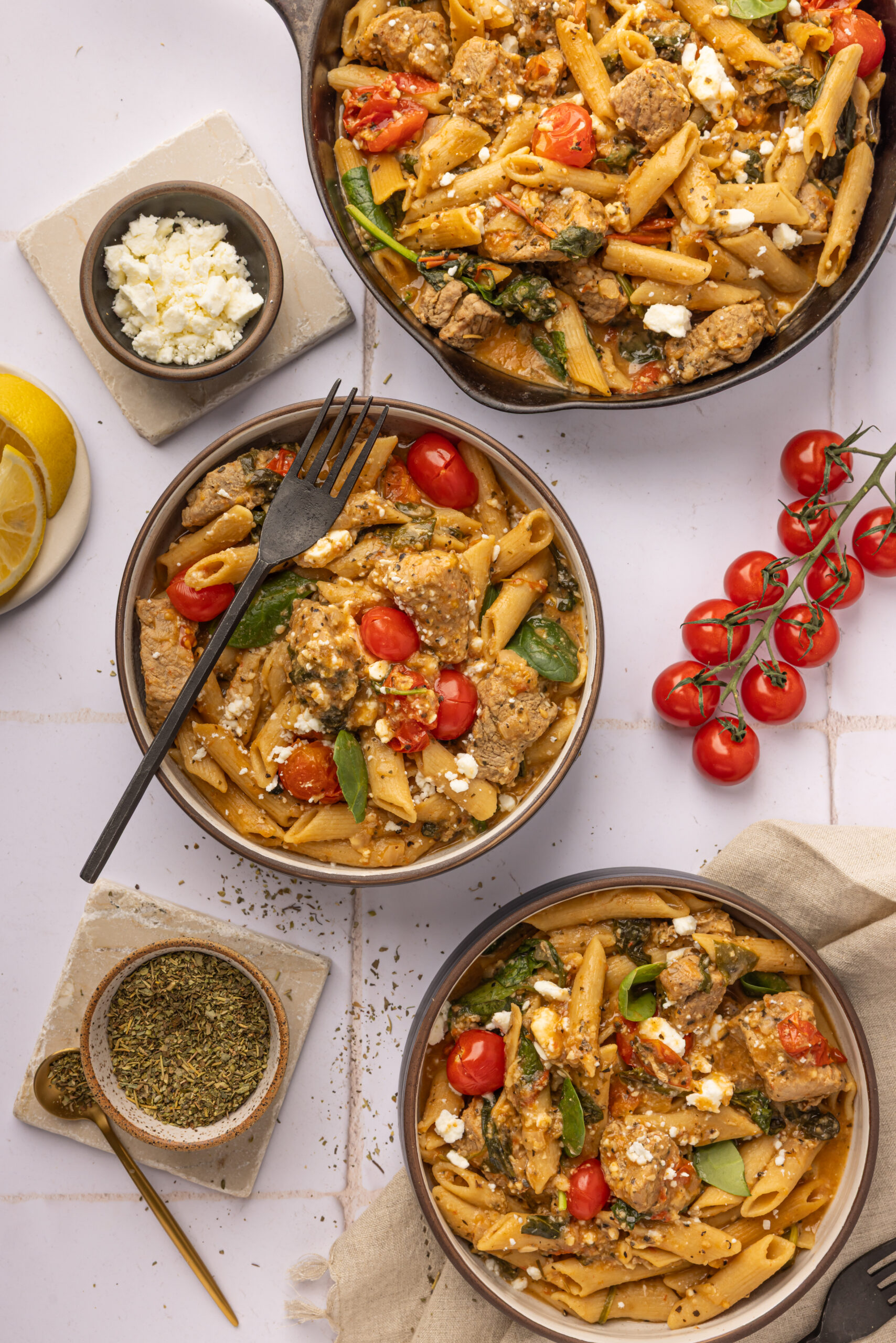 One-Pan Mediterranean Pork, Feta & Burst Cherry Tomato Pasta